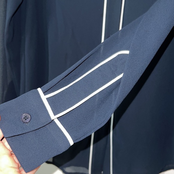 MICHAEL Michael Kors Navy Blue Sheer Long Sleeve Button Down Blouse - Picture 4 of 6